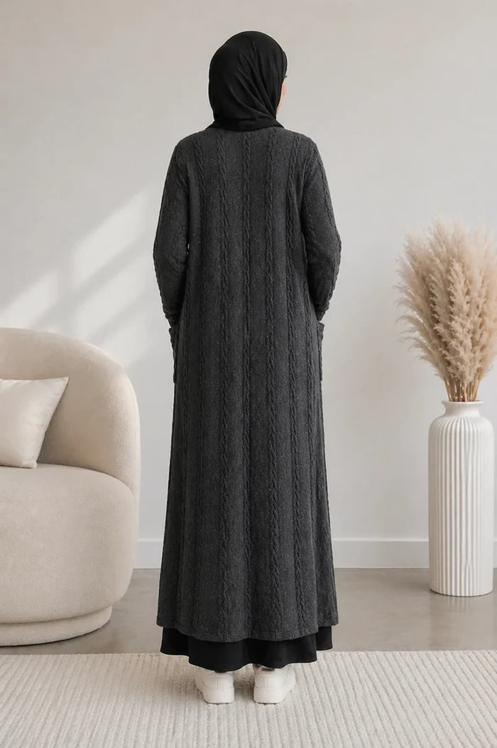Cable Knit Long Cardigan - Charcoal