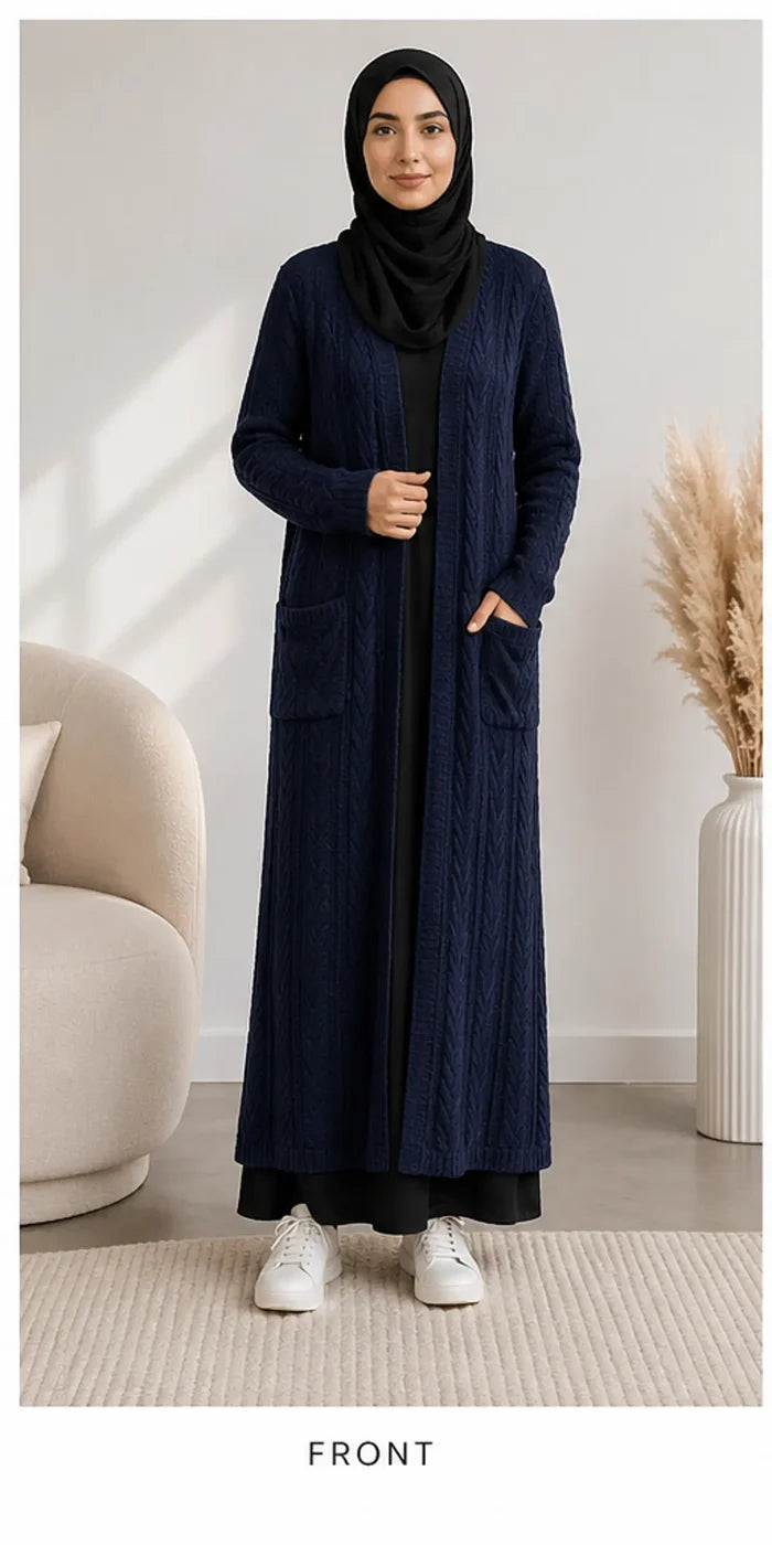 Cable Knit Long Cardigan - Navy