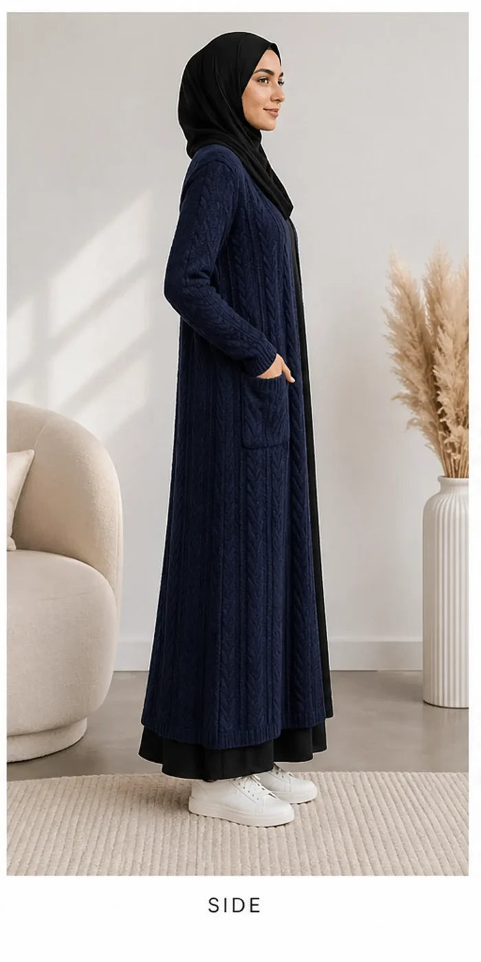 Cable Knit Long Cardigan - Navy