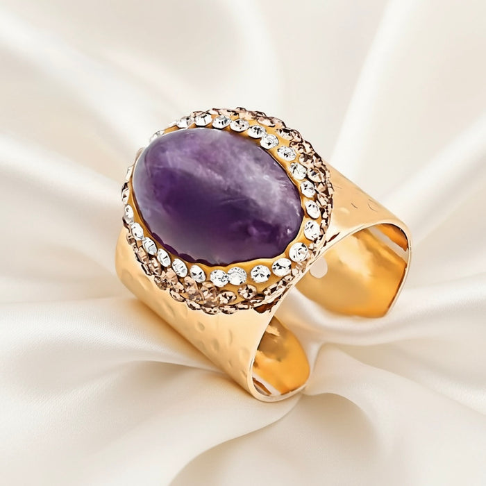 Capri Amethyst Crystal Halo Gold Cigar Ring | Adjustable Statement Ring