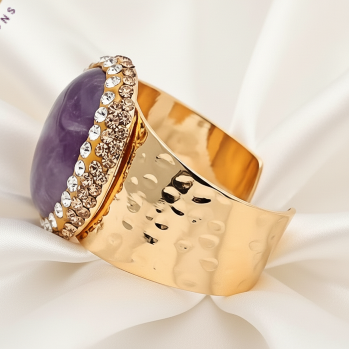 Capri Amethyst Crystal Halo Gold Cigar Ring | Adjustable Statement Ring