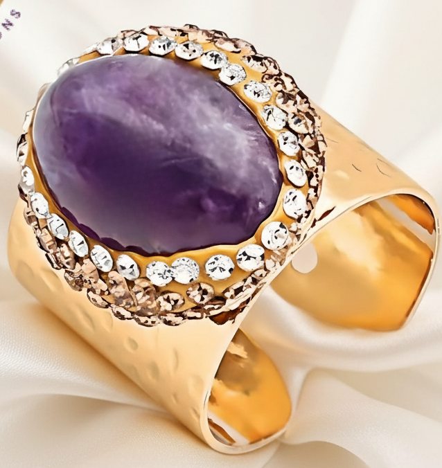 Capri Amethyst Crystal Halo Gold Cigar Ring | Adjustable Statement Ring
