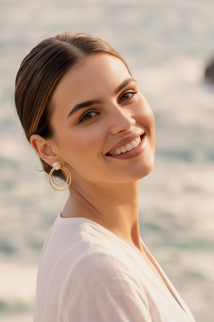Capri Pearl Double Hoop Earrings – 22k Gold Plate Freshwater Pearl Statement Earrings