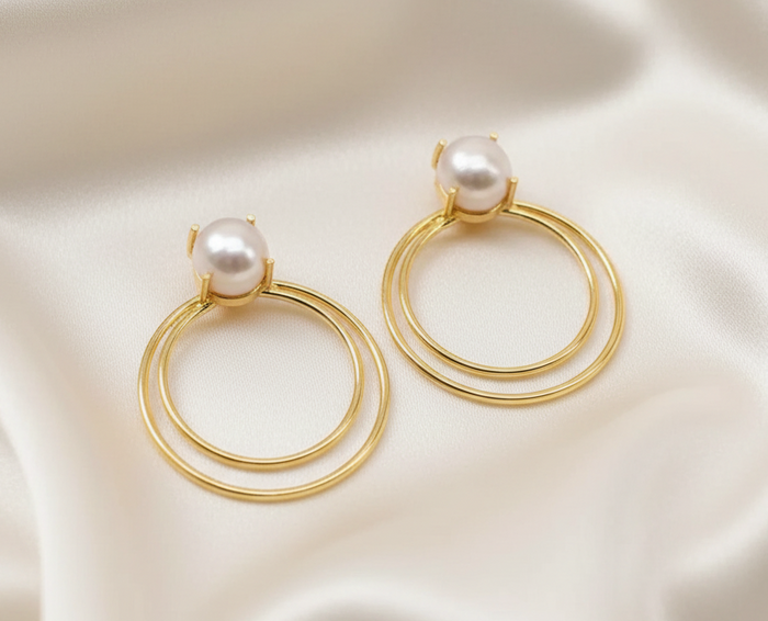 Capri Pearl Double Hoop Earrings – 22k Gold Plate Freshwater Pearl Statement Earrings