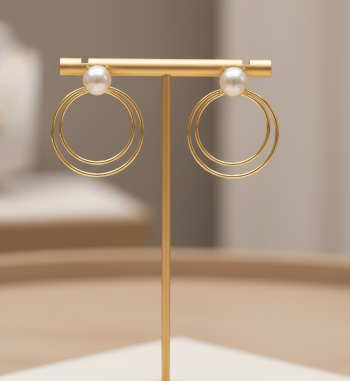 Capri Pearl Double Hoop Earrings – 22k Gold Plate Freshwater Pearl Statement Earrings