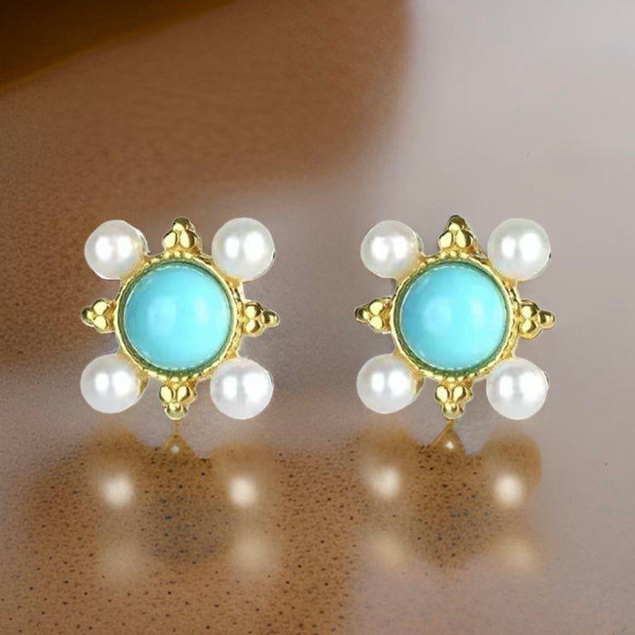 Capri Petite Sleeping Beauty Turquoise, Freshwater Pearl & Gold Vermeil Stud Earrings