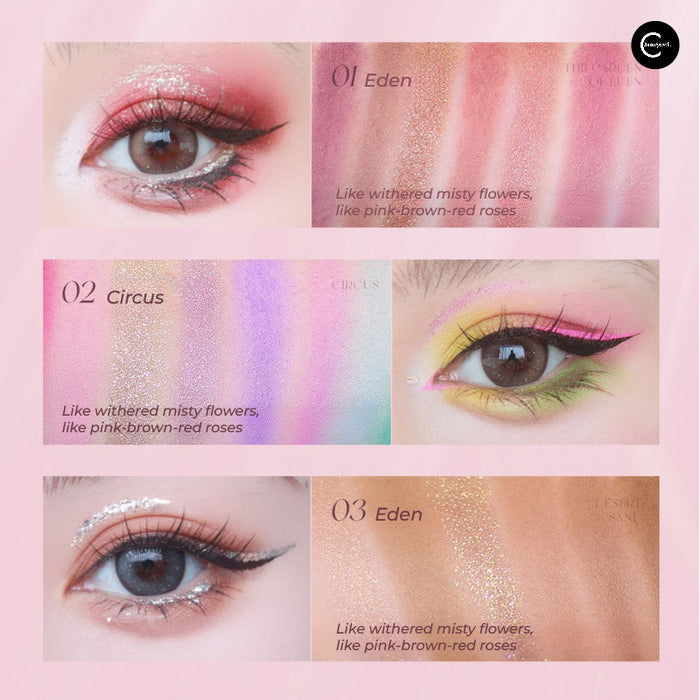 CARMELA Twelve-Color Glazed Eyeshadow Palette shade examples with eye looks and shimmer swatches for #01, #02, and #03
