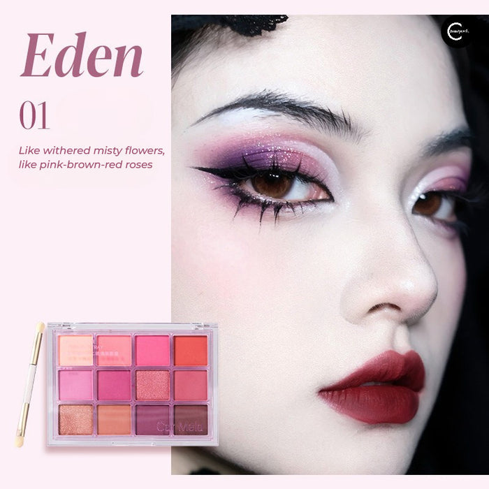 CARMELA Twelve-Color Glazed Eyeshadow Palette #01 with pink, red, and mauve shades and brush