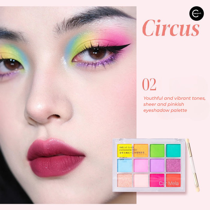 CARMELA Twelve-Color Glazed Eyeshadow Palette #02 with colorful eye makeup look and open palette