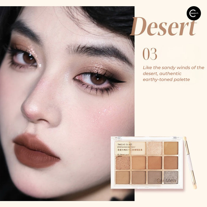 CARMELA Twelve-Color Glazed Eyeshadow Palette in shade #03, shown with warm earth-toned eyeshadow makeup