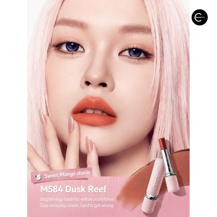COLORKEY lipstick in shade M584 Twilight Reef with coral lip color and model close-up
