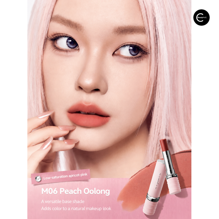 COLORKEY M06 Peach Oolong lipstick with model wearing the shade