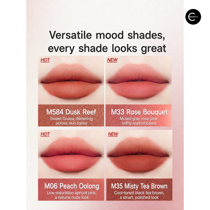 Lip color shade chart with four close-up lip swatches labeled M584, M33, M06, and M35