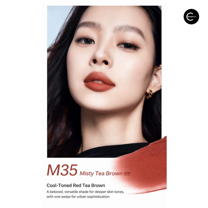 Model wearing M35 cool-toned red tea brown lip color