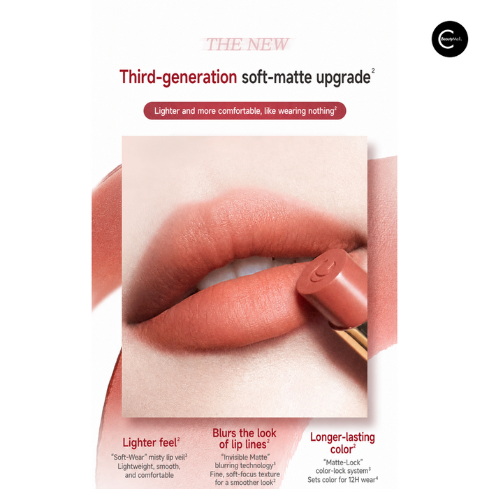 Soft-matte lipstick applied to lips in a close-up product-benefit image