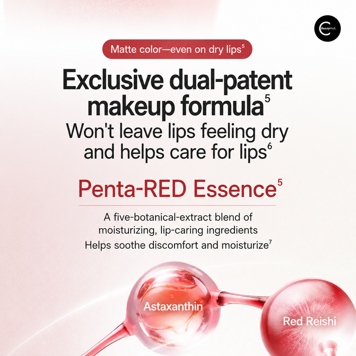 Penta-RED lip-care graphic featuring astaxanthin and red reishi callouts