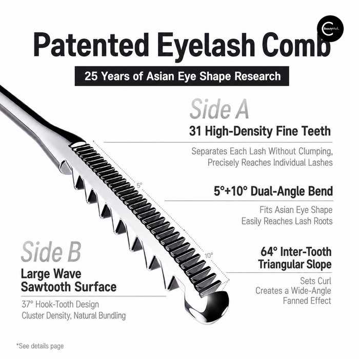 Metallic dual-sided eyelash comb showing Side A fine teeth and Side B sawtooth design with angle specifications and feature c