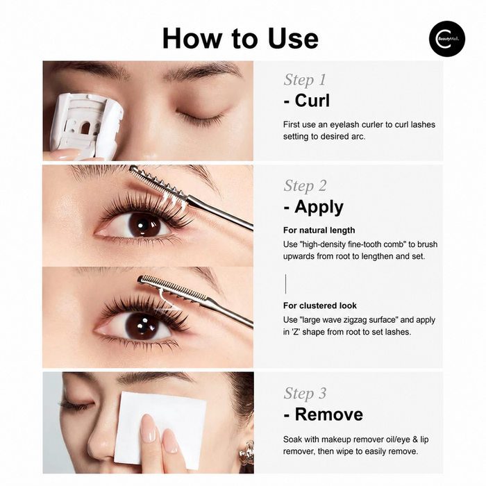 Infographic showing 3 steps for mascara application: curling, brushing with different comb sides for natural or clustered loo