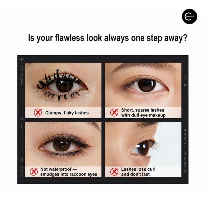 Four-panel eye close-up comparison showing common mascara problems: clumpy lashes, sparse lashes, smudging, and poor hold