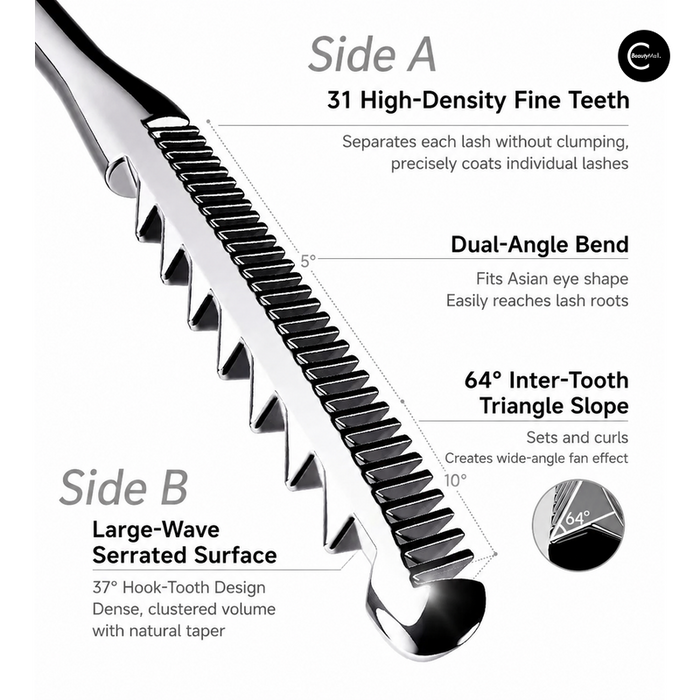 Close-up of dual-sided mascara wand showing Side A with 31 fine teeth and Side B with serrated wave design, with angle specif