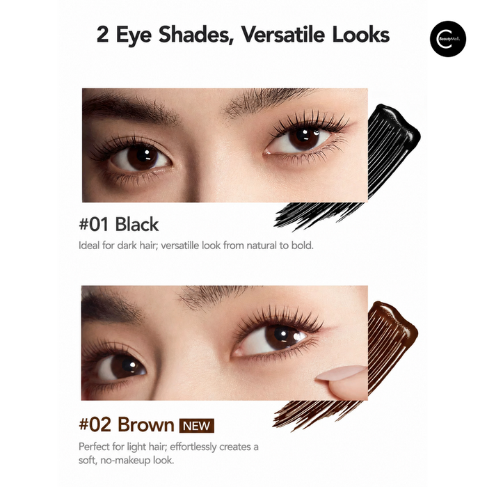 Comparison of #01 Black and #02 Brown mascara shades on model eyes.