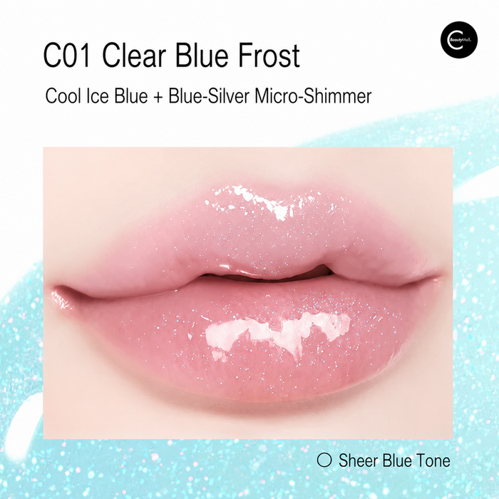 C01 lip shade on lips with cool blue and silver shimmer