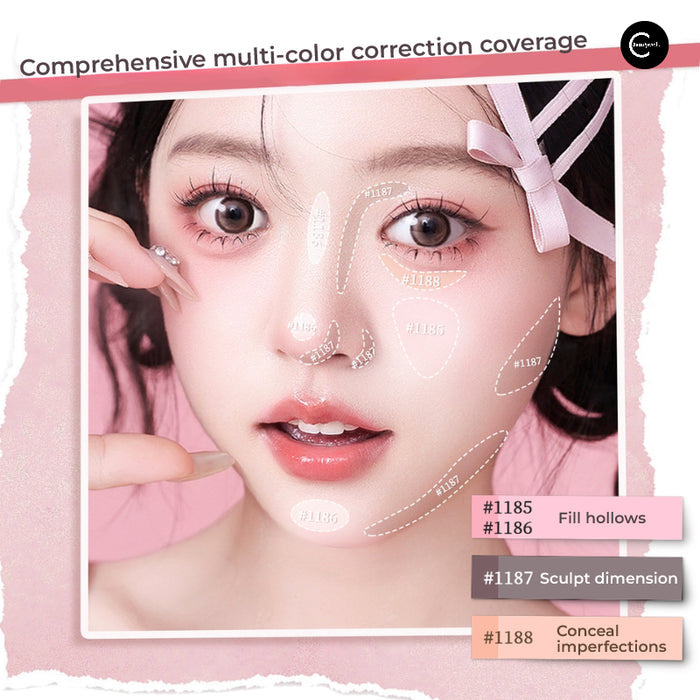 CHEERFLOR Bow Satin Brightening Liquid highlighter and contour placement guide showing facial application areas