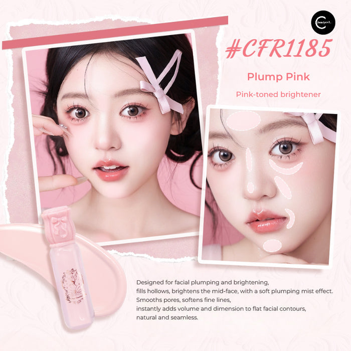 CHEERFLOR Cheerflor Bow Satin Brightening Liquid in Plump Pink, liquid highlighter bottle with facial application photos