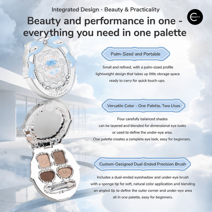 Ornate four-pan eyeshadow compact with mirror and dual-ended brush