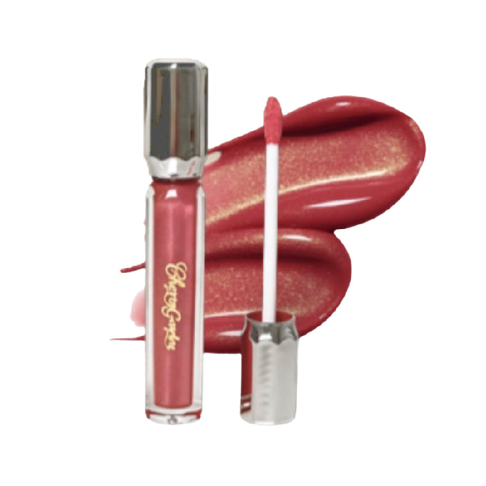CHERRY GARDEN lip glaze tube with applicator wand and red-pink swatches