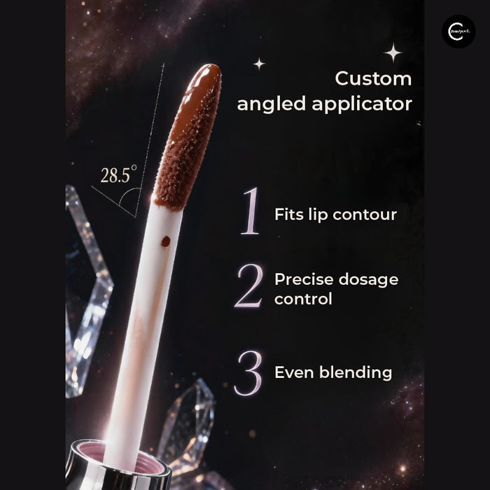 CHERRY GARDEN lip glaze with a brown-coated angled applicator wand shown close up