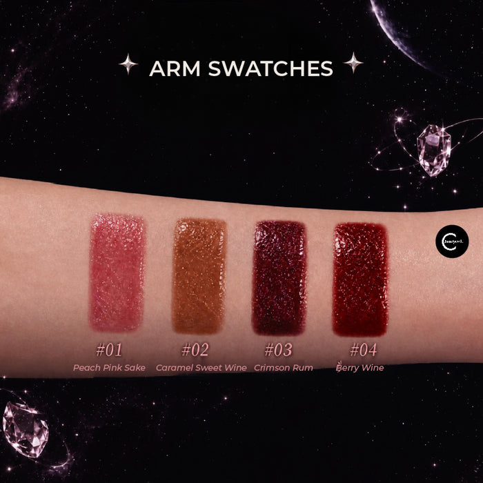 CHERRY GARDEN lip glaze arm swatches in shades #01 Peach Pink Sake, #02 Caramel Sweet Wine, #03 Crimson Rum, and #04 Berry