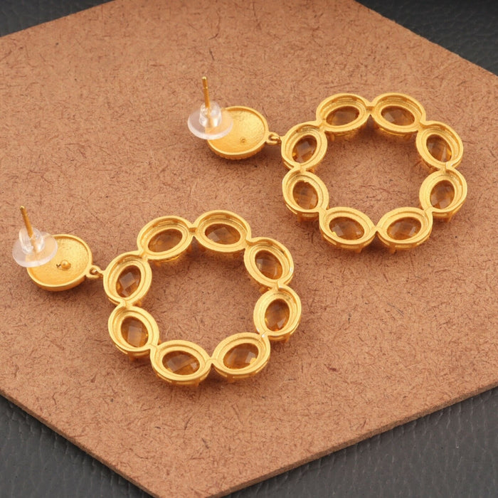 Citrine Gemstone Gold Twisted Statement Earrings 2"