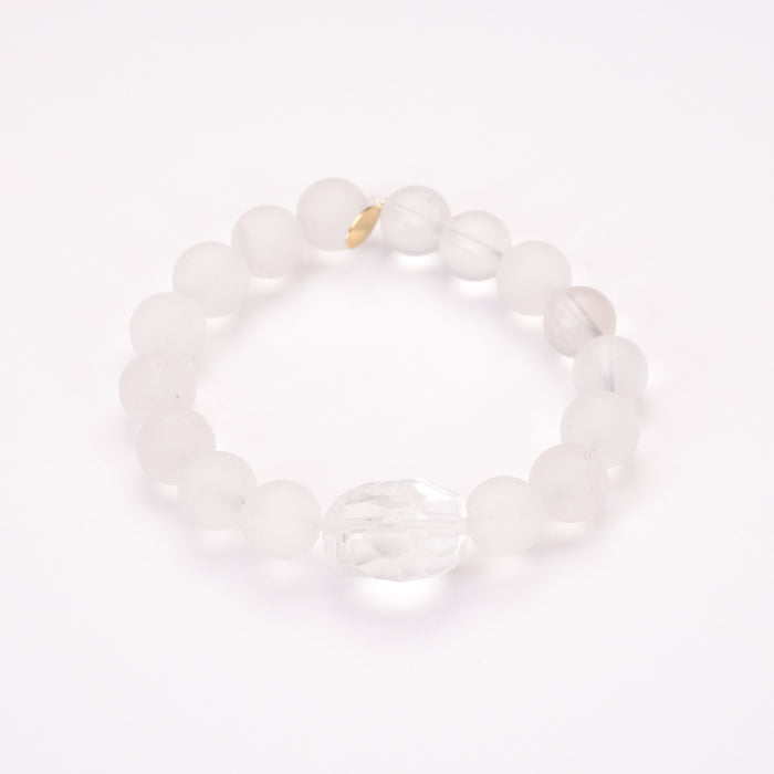 matte frosty clear quartz crystal bead bracelet with a faceted clear quartz center stone
