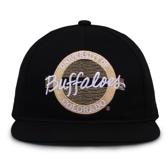 Colorado Retro Circle snapback hat in black, front view