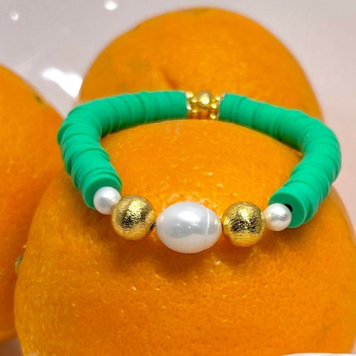 Colorful Parakeet Green Heishi Polymer & Freshwater Pearl Gold Bracelet