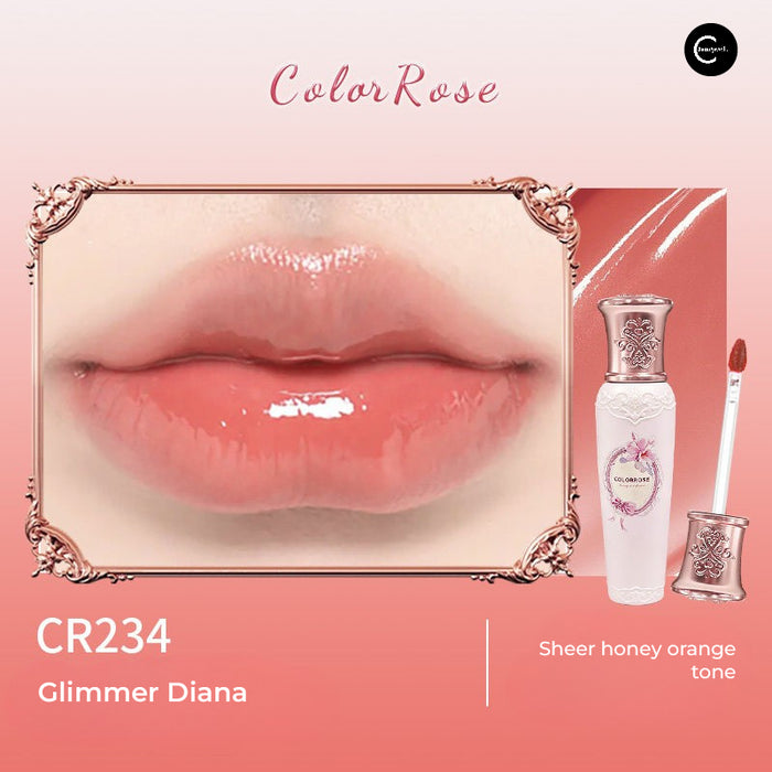 COLORROSE lip glaze tube with open applicator beside a close-up glossy lip swatch