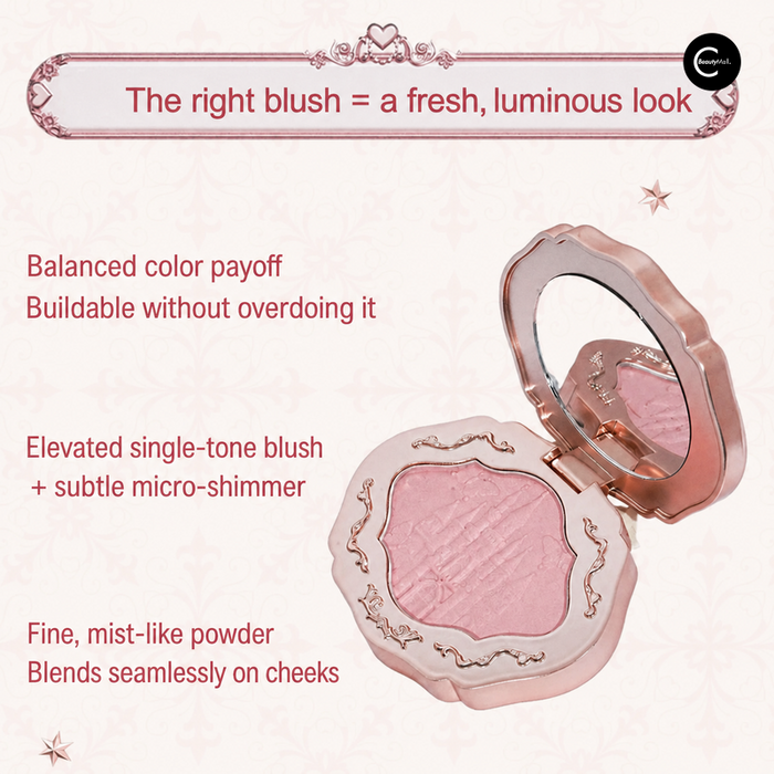COLORROSE pink blush compact shown open with mirror and embossed powder pan