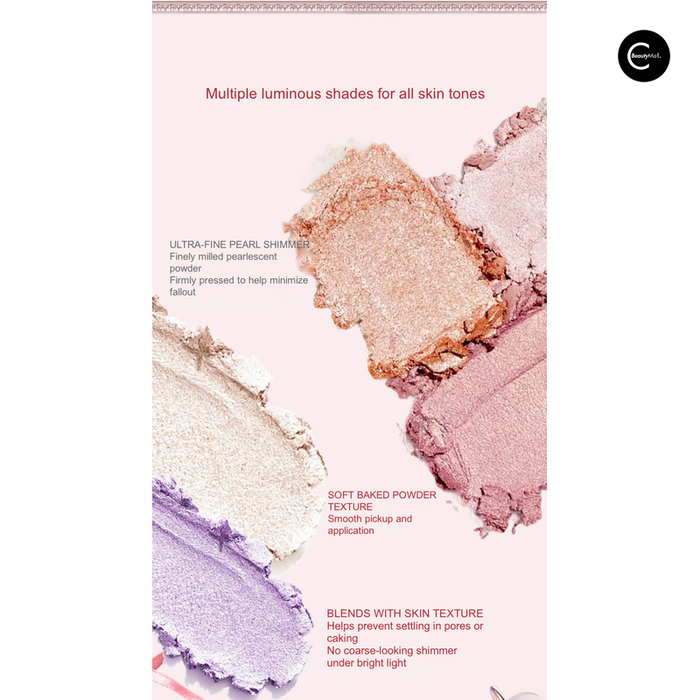 Close-up powder swatches showing luminous pink, champagne, and lavender shades.
