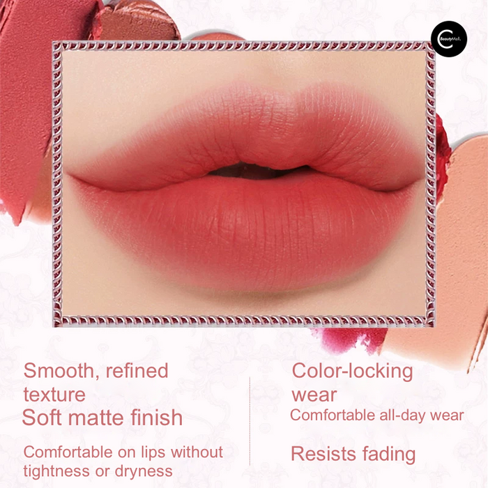Coral-red lipstick lip result graphic with surrounding lipstick swatches.