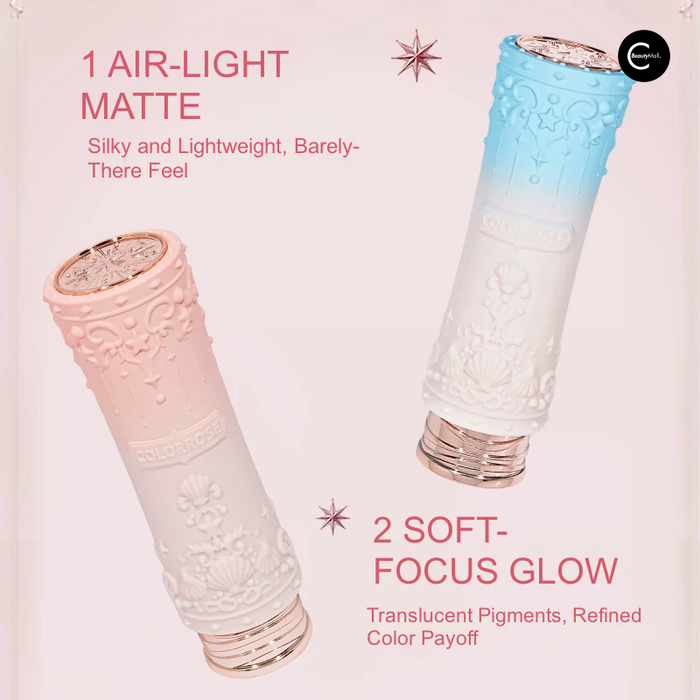Two ornate COLORROSE beauty products in pink and blue with air-light matte and soft-focus finish callouts