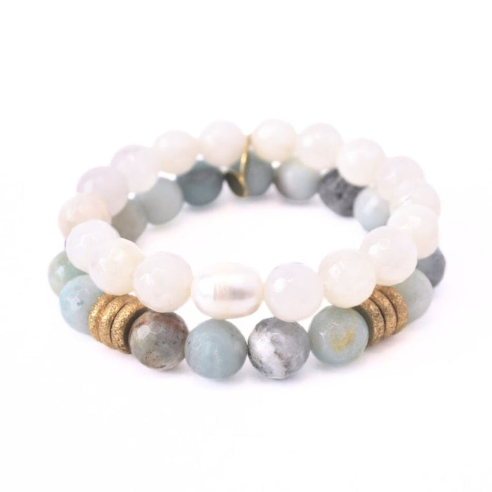 Cream Moonstone Bracelet with a Pearl + Amazonite Bracelet with Gold Rings