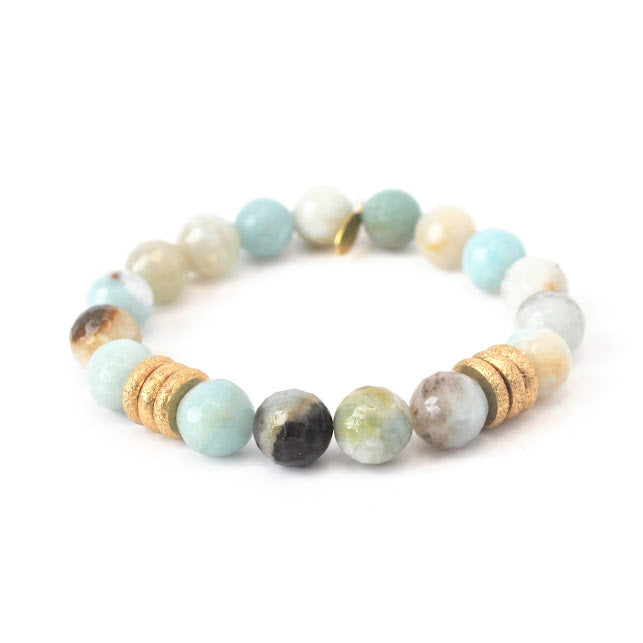 Cream Moonstone Bracelet with a Pearl + Amazonite Bracelet with Gold Rings