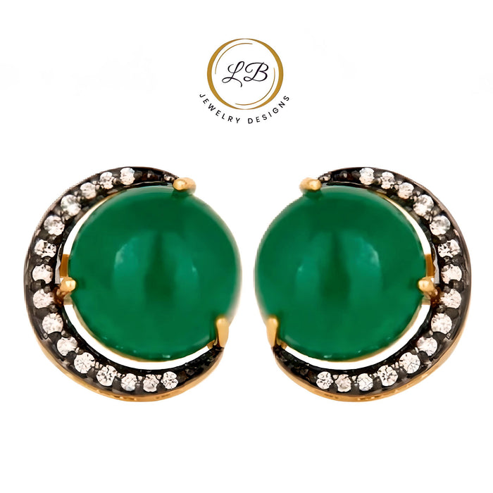 Crescent Moon Green Onyx Gold and Rhodium Stud Earrings