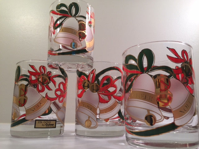 Culver Signed Mid-Century Christmas Bells Glasses (Set of 4)