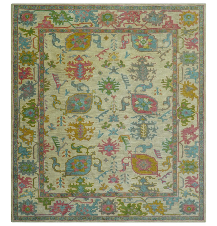 Custom Made Beige And Green Traditional Oushak Design Hand Tufted Wool Rug - The Rug Decor