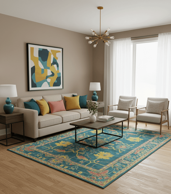 Custom Made Blue And Yellow Traditional Oushak Design Hand Tufted Wool Rug - The Rug Decor