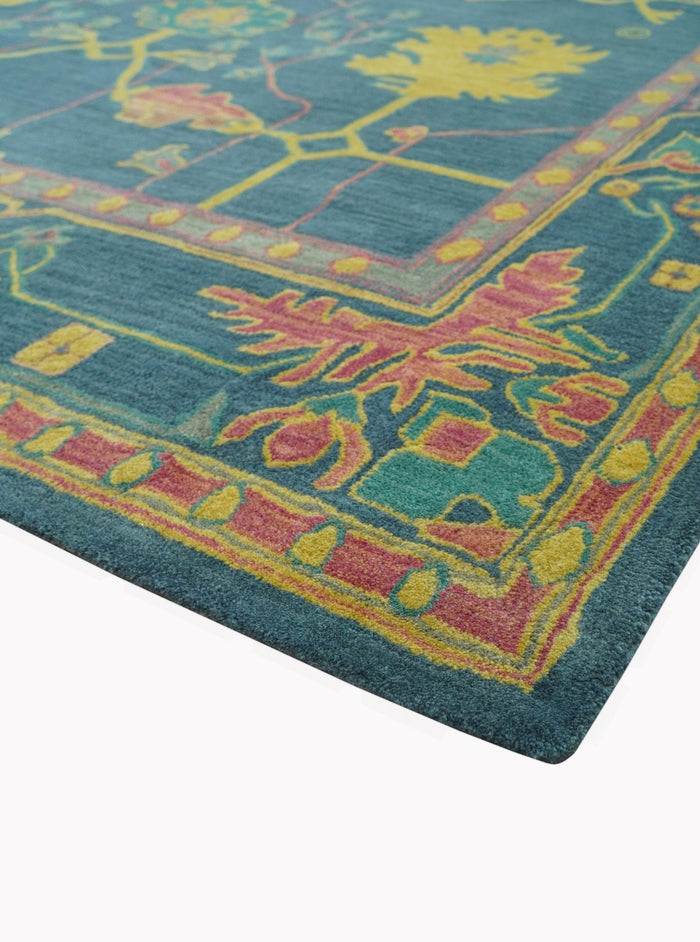 Custom Made Blue And Yellow Traditional Oushak Design Hand Tufted Wool Rug - The Rug Decor