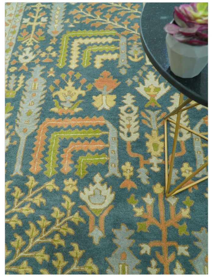 Custom Made Tree of Life Beige And Teal Floral Design Hand Tufted Wool Area Rug - The Rug Decor