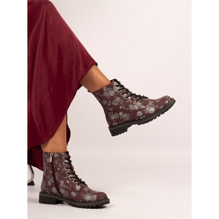Dazzle Burgundy Floral Ankle Boot